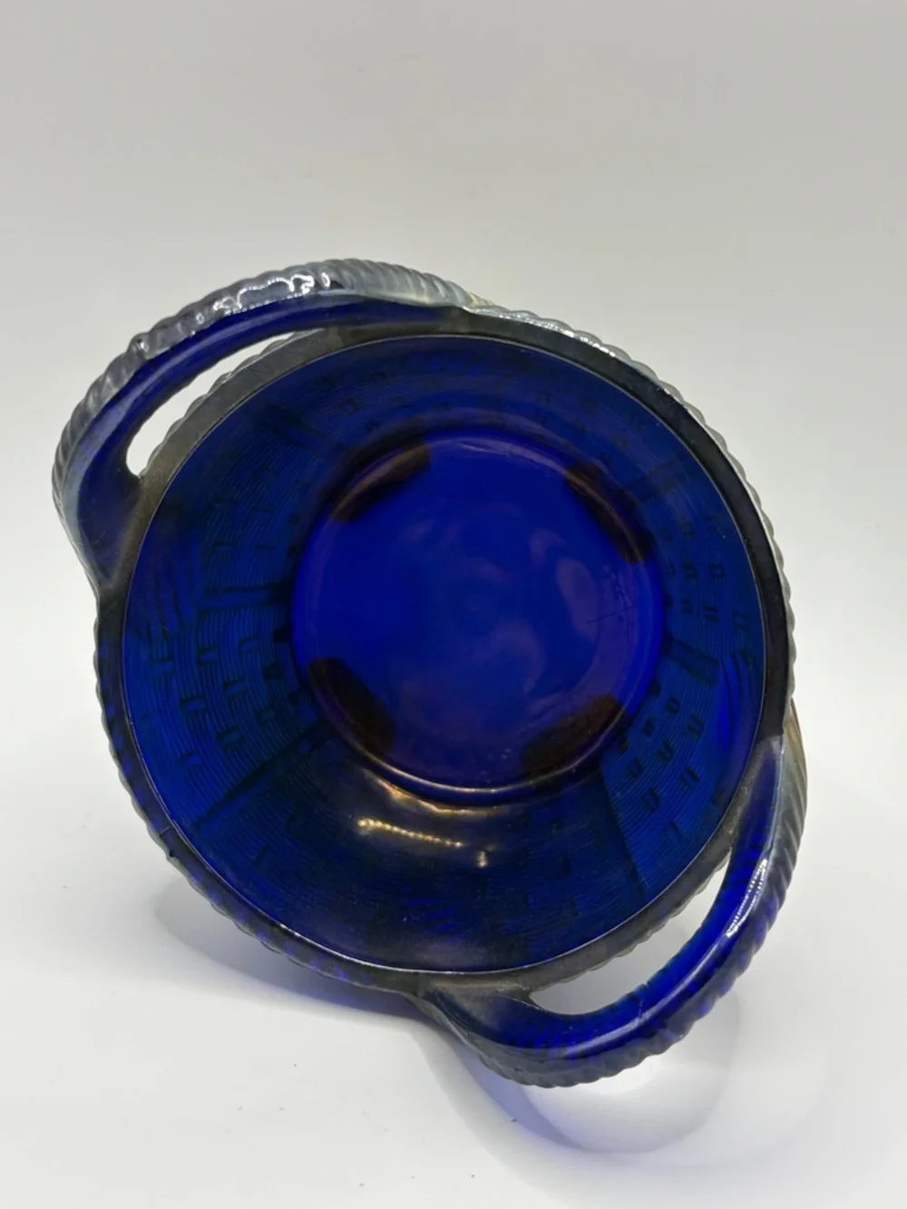 Northwood Antique Bushel Basket Cobalt Blue Carnival Glass Vase Vessel Decor